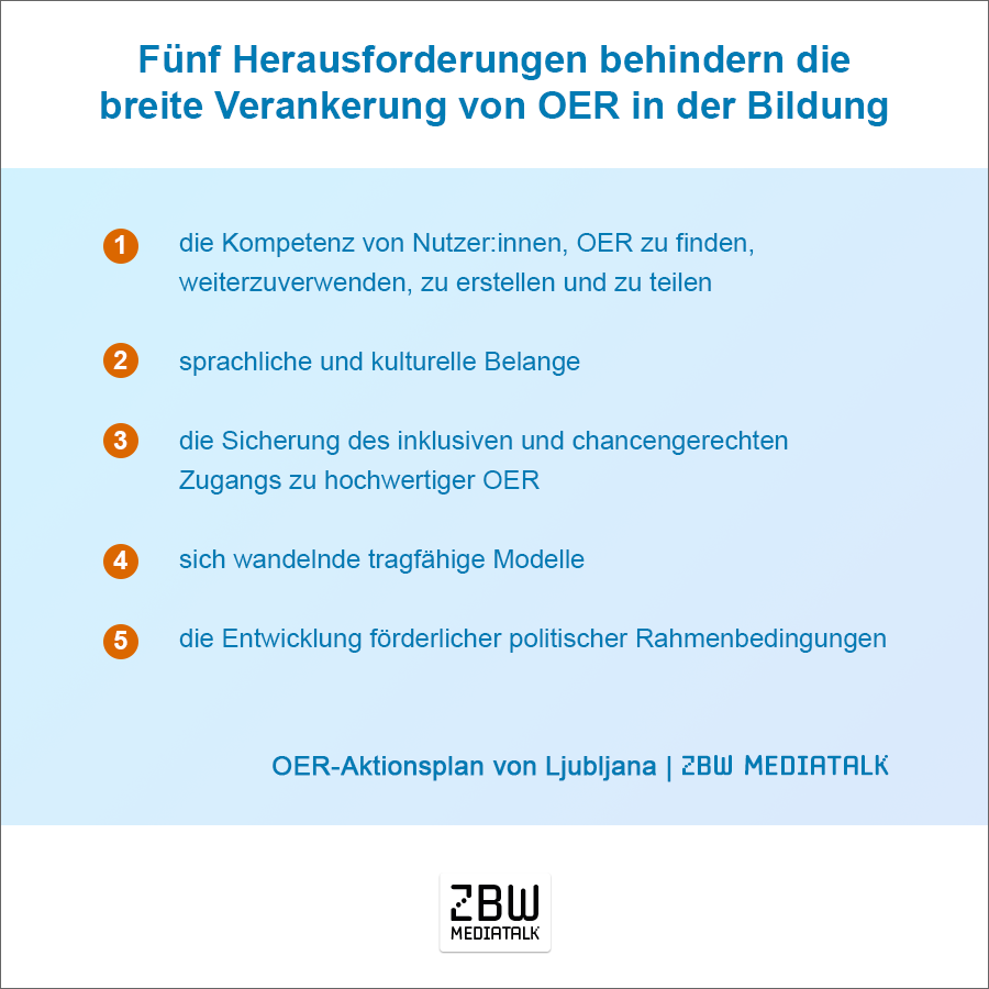 Grafik, die die 5 Herausforderunge, die die breite Einführung von OER in die Bildung aufzeigt - wird im PDF noch genauer beschrieben.